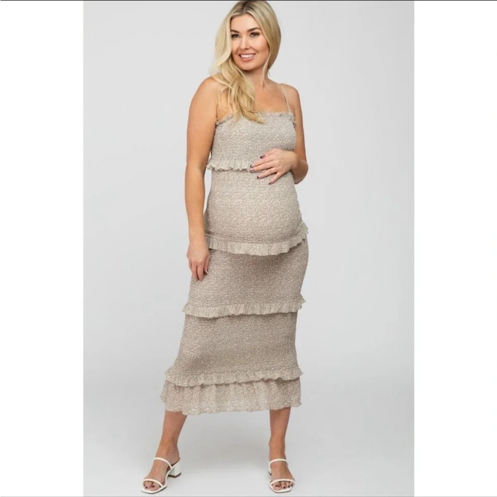 NWOT PinkBlush Taupe Leaf Print Smocked Fitted Maternity Midi Dress Taupe Medium